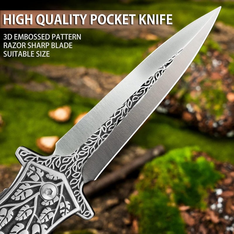 Valhalla PASTOR Pocket Knife, 3.7'' Folding Knife with 3D Retro Embossed Pattern, Pocket Knife For Men, Liner Lock, Cool EDC Knives, Gift for men - Image 3